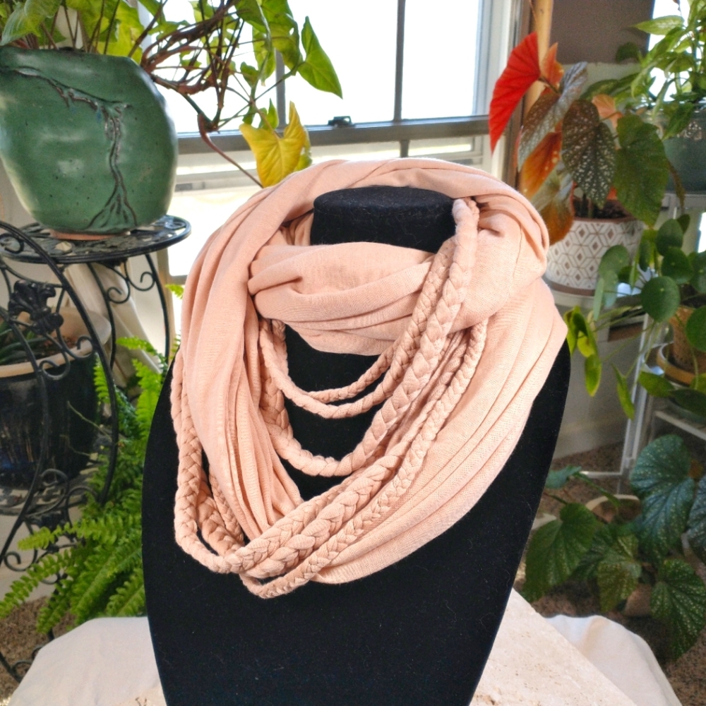 NWOT Handmade Braided Ropes Women's Infinity Scarf in Blush Colored Jersey